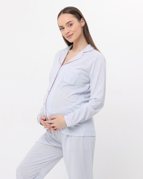 Likapa Penye Önden Düğmeli Hamile Lohusa UZUN KOL PİJAMA TAKIMI Mavi - XL