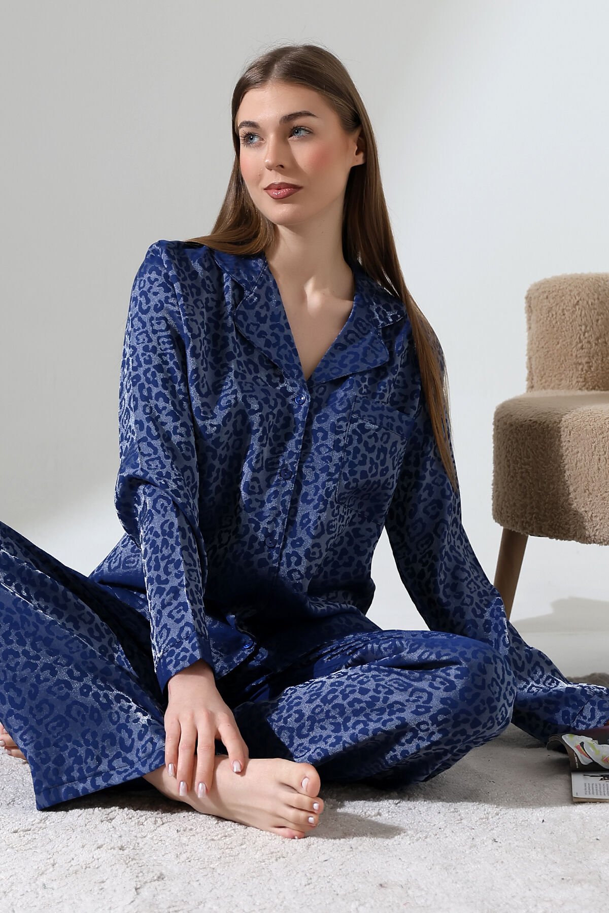 LİKAPASHOP VİSKON JAKARLI UZUN KOL PİJAMA TAKIMI LACIVERT 1 - M