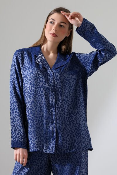 LİKAPASHOP VİSKON JAKARLI UZUN KOL PİJAMA TAKIMI LACIVERT 1 - M