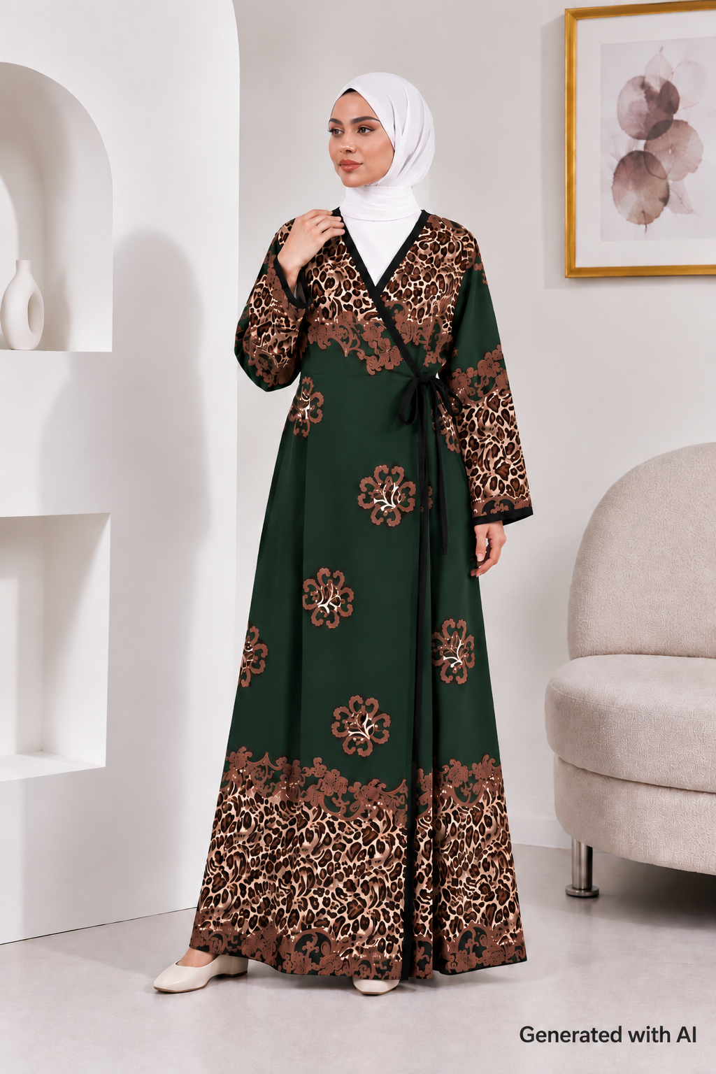 2001-01 Likapa Viskon Namaz Elbisesi 2 - Yeşil Leopar