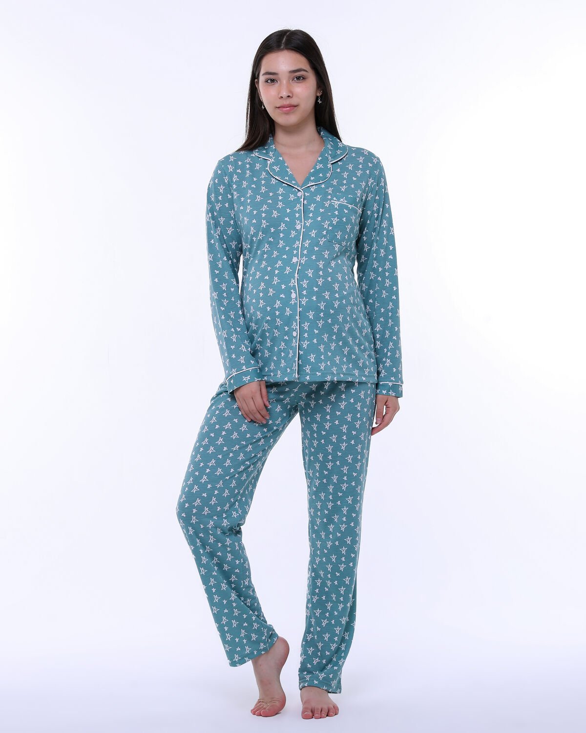Likapa Penye Önden Düğmeli Hamile Lohusa UZUN KOL PİJAMA TAKIMI Mint - Küçük Yıldız - 2XL