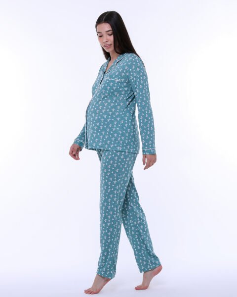Likapa Penye Önden Düğmeli Hamile Lohusa UZUN KOL PİJAMA TAKIMI Mint - Küçük Yıldız - 2XL