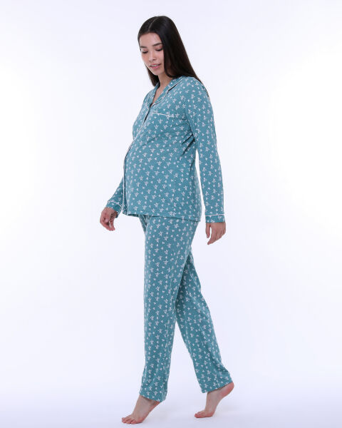 Likapa Penye Önden Düğmeli Hamile Lohusa UZUN KOL PİJAMA TAKIMI Mint - Küçük Yıldız - 2XL