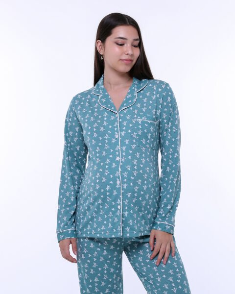 Likapa Penye Önden Düğmeli Hamile Lohusa UZUN KOL PİJAMA TAKIMI Mint - Küçük Yıldız - 2XL