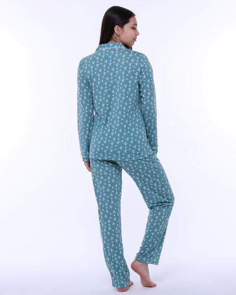 Likapa Penye Önden Düğmeli Hamile Lohusa UZUN KOL PİJAMA TAKIMI Mint - Küçük Yıldız - 2XL