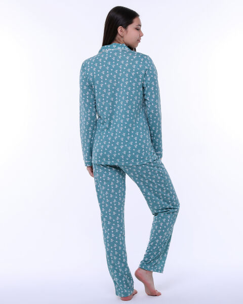 Likapa Penye Önden Düğmeli Hamile Lohusa UZUN KOL PİJAMA TAKIMI Mint - Küçük Yıldız - 2XL
