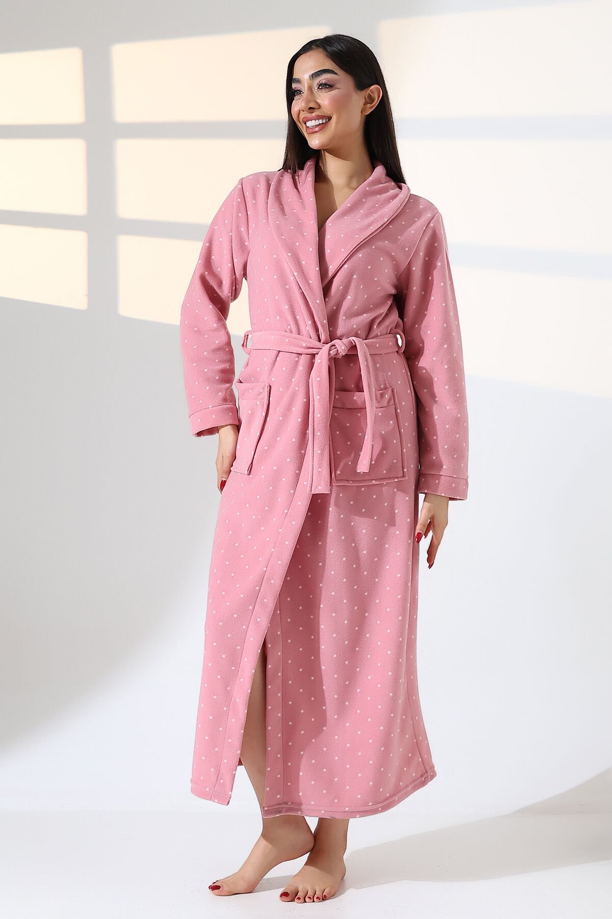 Likapa Uzun Şal Yaka Polar Sabahlık 226 Pembe Puanlı - 2XL