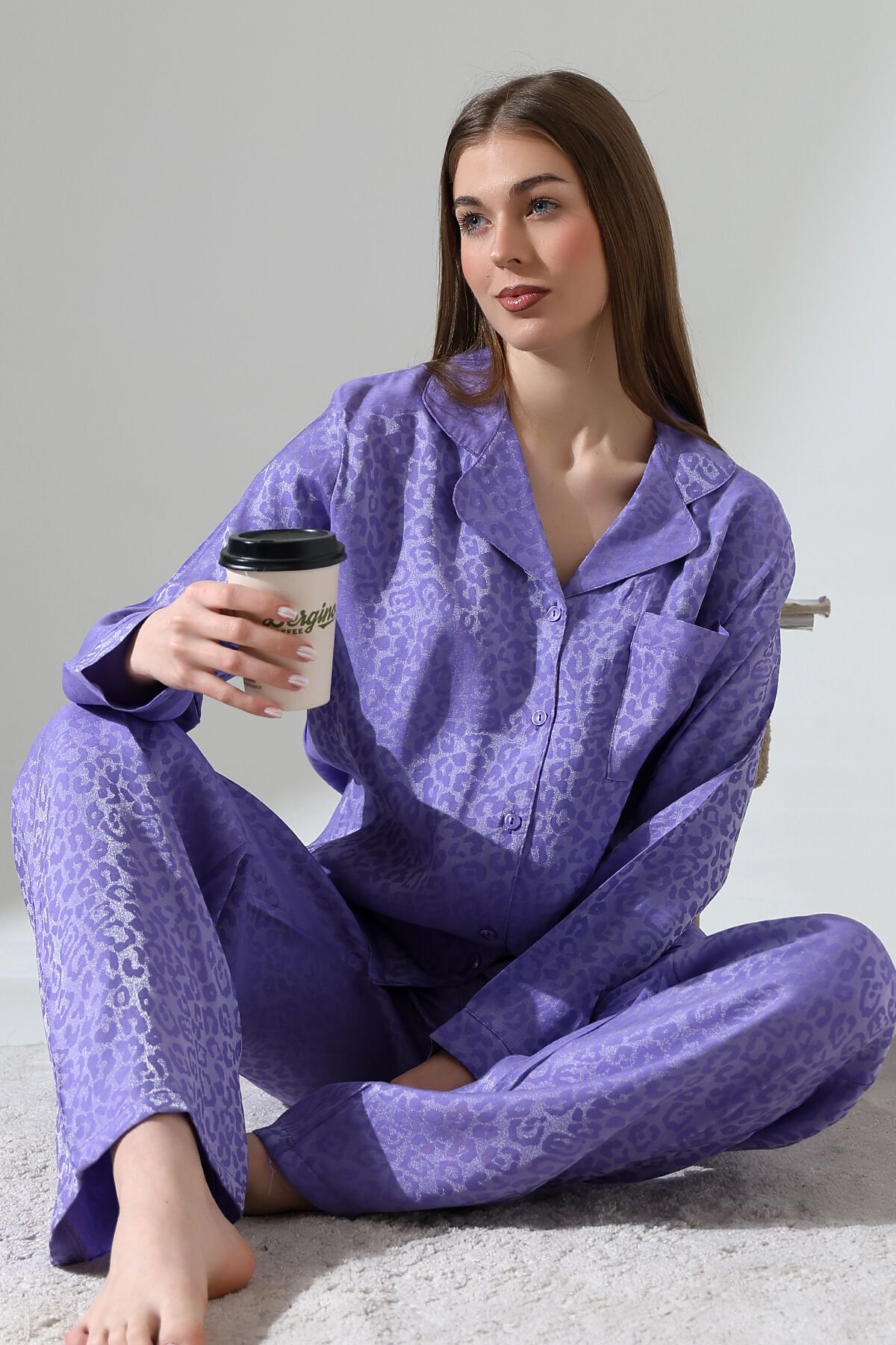 LİKAPASHOP VİSKON JAKARLI UZUN KOL PİJAMA TAKIMI Mor - 2XL