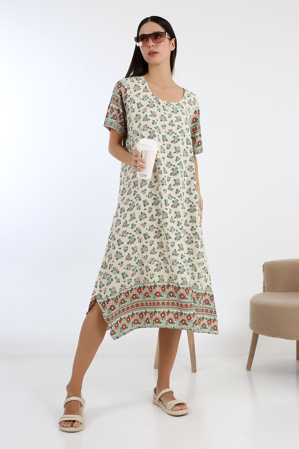 LİKAPASHOP VİSKON KISA KOL ELBİSE 2726 EKRU ÇİÇEK - 4XL