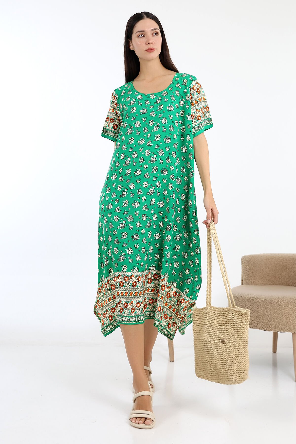 LİKAPASHOP VİSKON KISA KOL ELBİSE 2726 YEŞİL KÜÇÜK ÇİÇEK - L