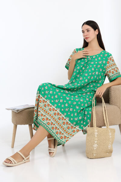 LİKAPASHOP VİSKON KISA KOL ELBİSE 2726 YEŞİL KÜÇÜK ÇİÇEK - XL