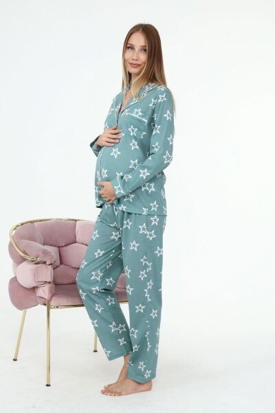 Likapa Penye Önden Düğmeli Hamile Lohusa UZUN KOL PİJAMA TAKIMI Mint Büyük YILDIZ - M