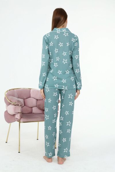 Likapa Penye Önden Düğmeli Hamile Lohusa UZUN KOL PİJAMA TAKIMI Mint Büyük YILDIZ - L