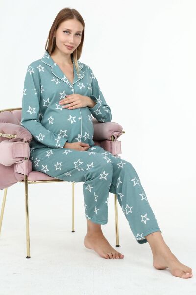 Likapa Penye Önden Düğmeli Hamile Lohusa UZUN KOL PİJAMA TAKIMI Mint Büyük YILDIZ - XL