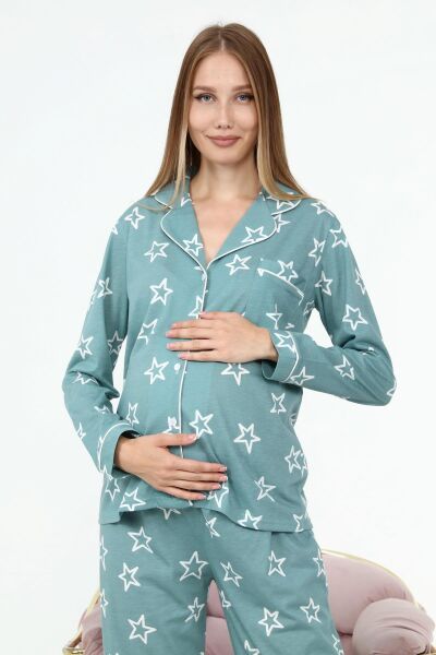 Likapa Penye Önden Düğmeli Hamile Lohusa UZUN KOL PİJAMA TAKIMI Mint Büyük YILDIZ - 2XL