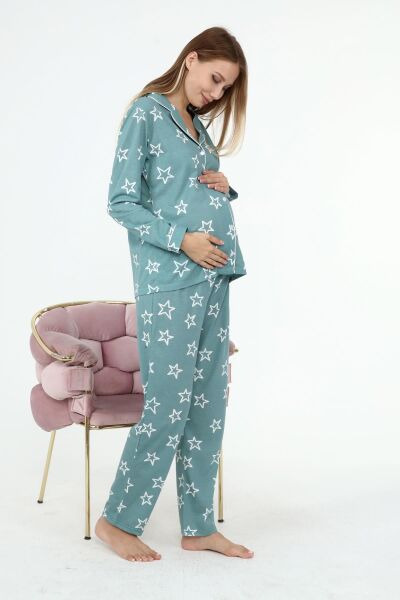 Likapa Penye Önden Düğmeli Hamile Lohusa UZUN KOL PİJAMA TAKIMI Mint Büyük YILDIZ - 2XL