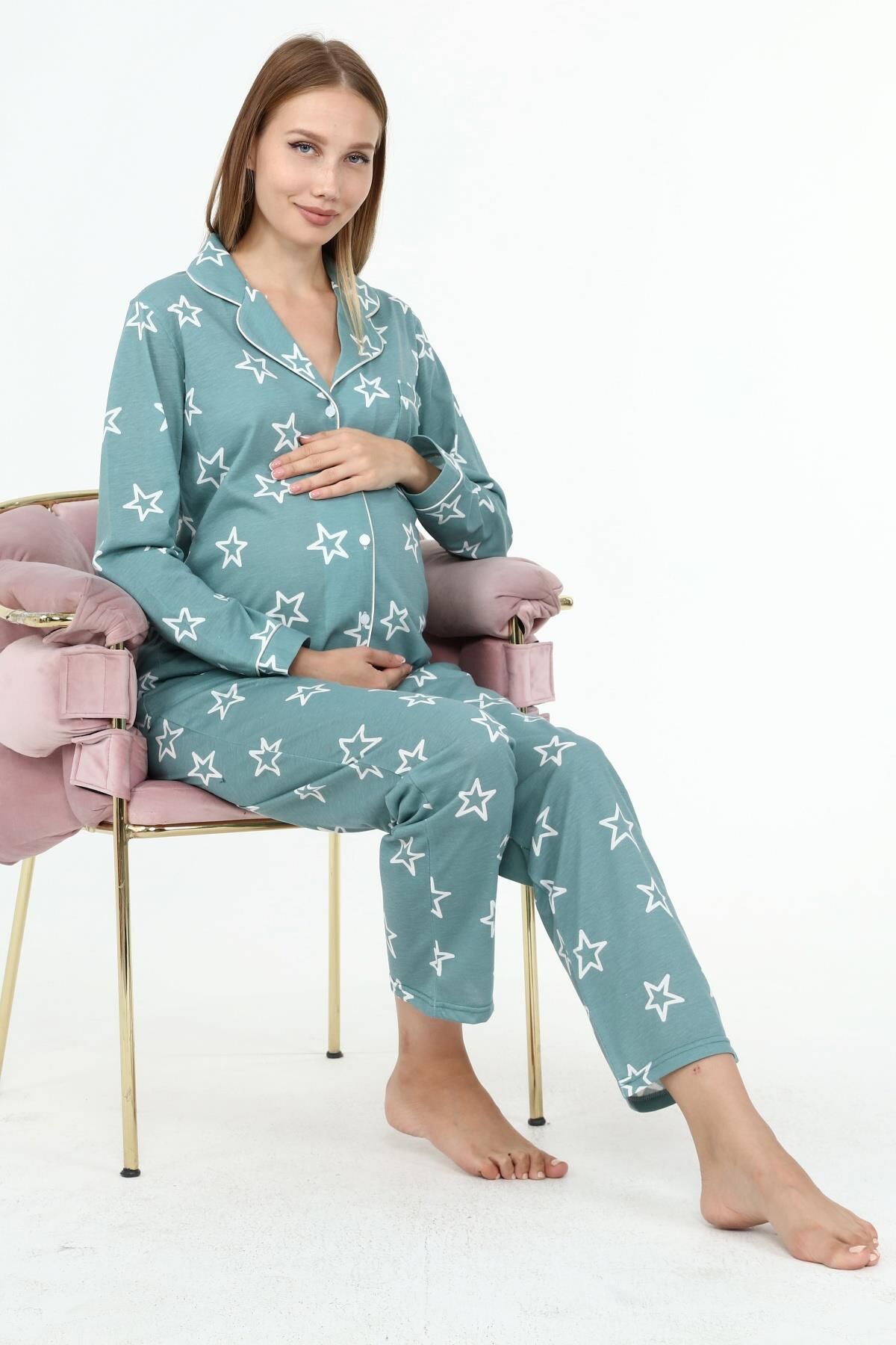 Likapa Penye Önden Düğmeli Hamile Lohusa UZUN KOL PİJAMA TAKIMI Mint Büyük YILDIZ - 3XL