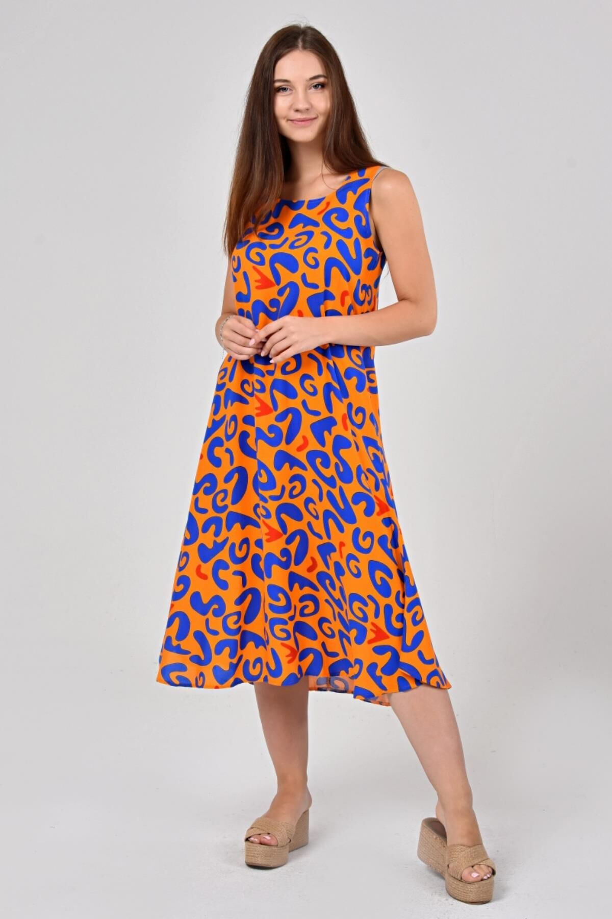 Likapa Yazlık Askılı Viskon Elbise 2691 Turuncu Leopar - L