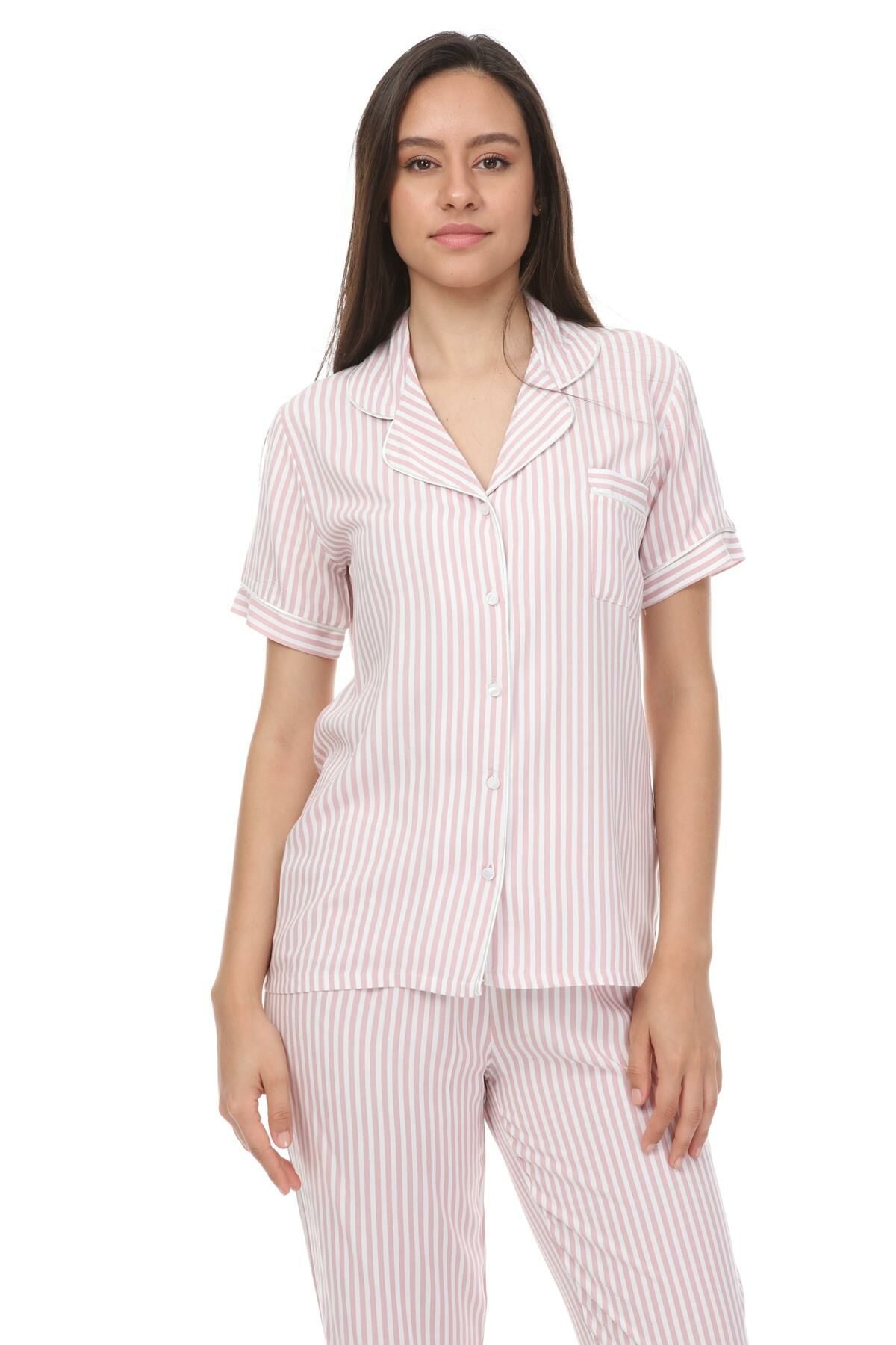 Kısa Kollu Gömlek Yaka Dokuma Pijama Takımı