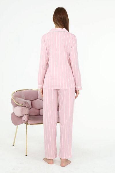 Likapa Penye Önden Düğmeli Hamile Lohusa UZUN KOL PİJAMA TAKIMI Somon Çizgili - M