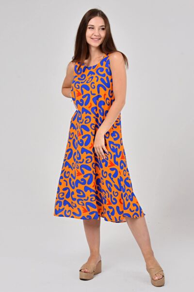 Likapa Yazlık Askılı Viskon Elbise 2691 Turuncu Leopar - 2XL