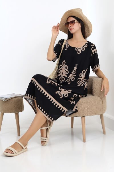 LİKAPASHOP VİSKON KISA KOL ELBİSE 2726 SİYAH OTANTİK - 3XL