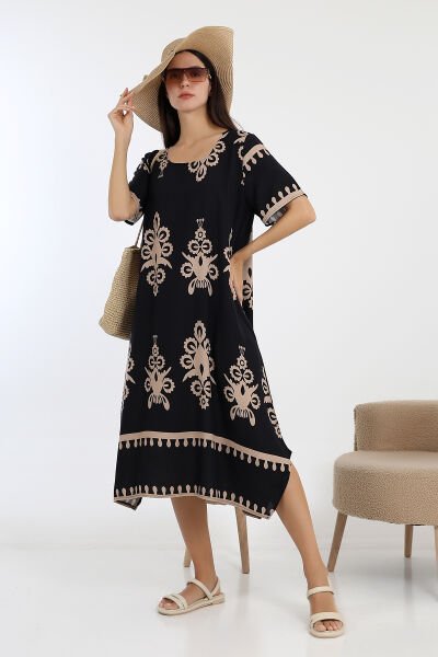 LİKAPASHOP VİSKON KISA KOL ELBİSE 2726 SİYAH OTANTİK - 3XL