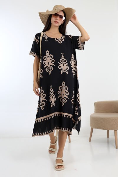 LİKAPASHOP VİSKON KISA KOL ELBİSE 2726 SİYAH OTANTİK - 3XL