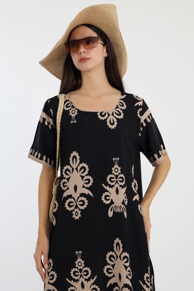 LİKAPASHOP VİSKON KISA KOL ELBİSE 2726 SİYAH OTANTİK - 3XL