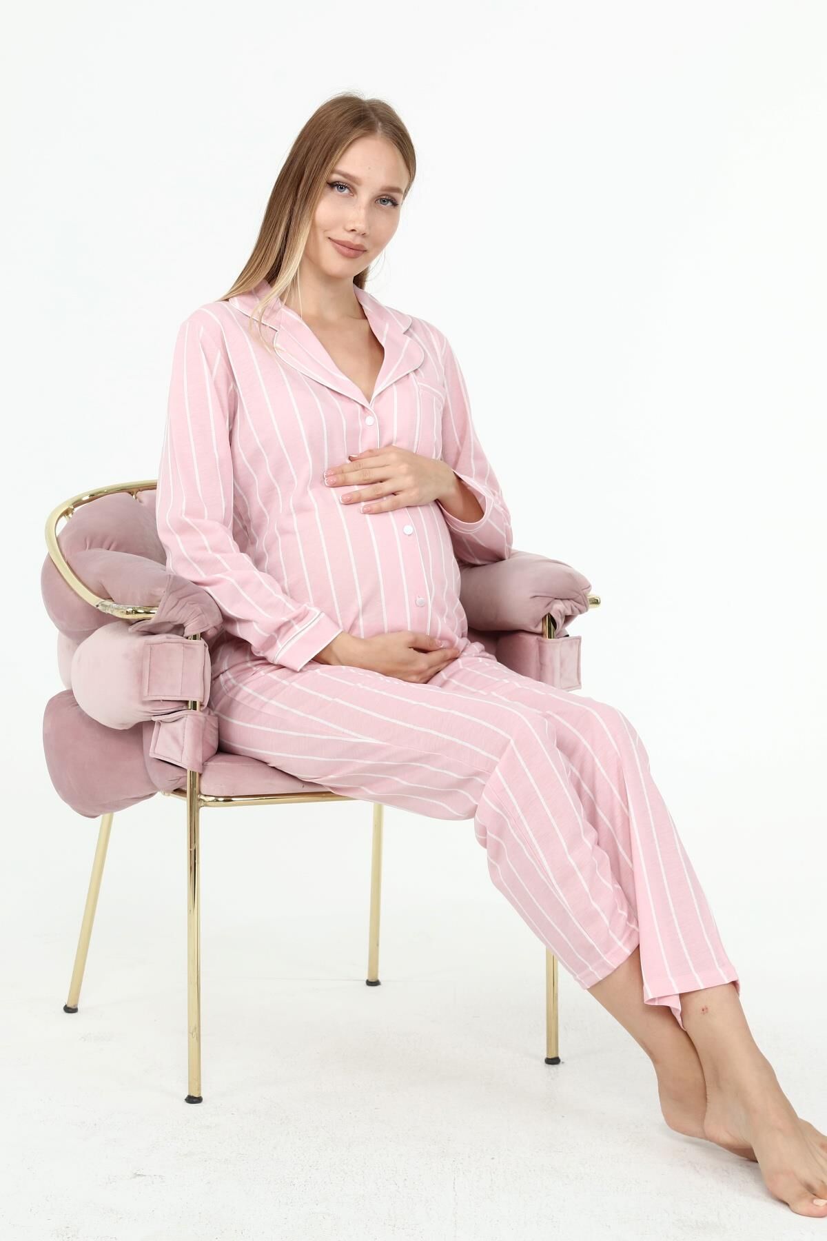 Likapa Penye Önden Düğmeli Hamile Lohusa UZUN KOL PİJAMA TAKIMI Somon Çizgili - XL