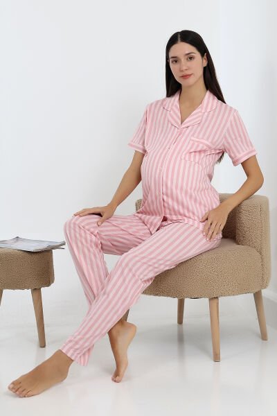 Likapa Önden Düğmeli Hamile Lohusa KISA KOL PİJAMA TAKIMI açık pembe çizgili - 2XL