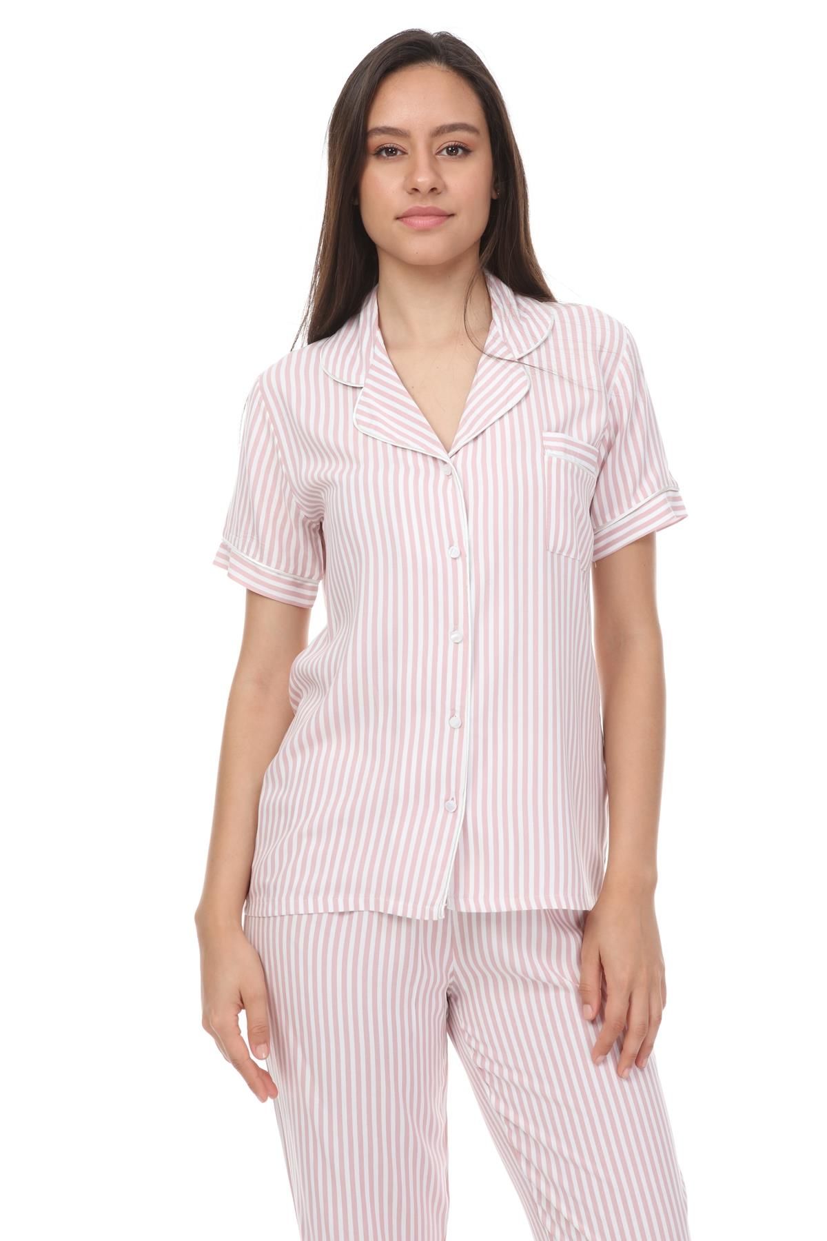 Kısa Kollu Gömlek Yaka Dokuma Pijama Takımı 2XL - Pembe Ekru Çizgili