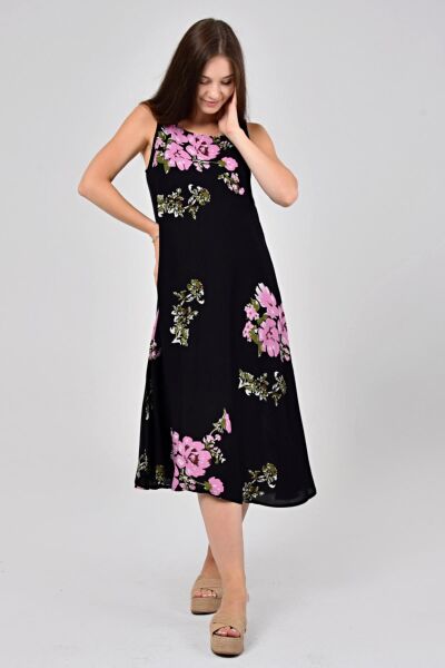 Likapa Yazlık Askılı Viskon Elbise 2691 Siyah Pembe - XL