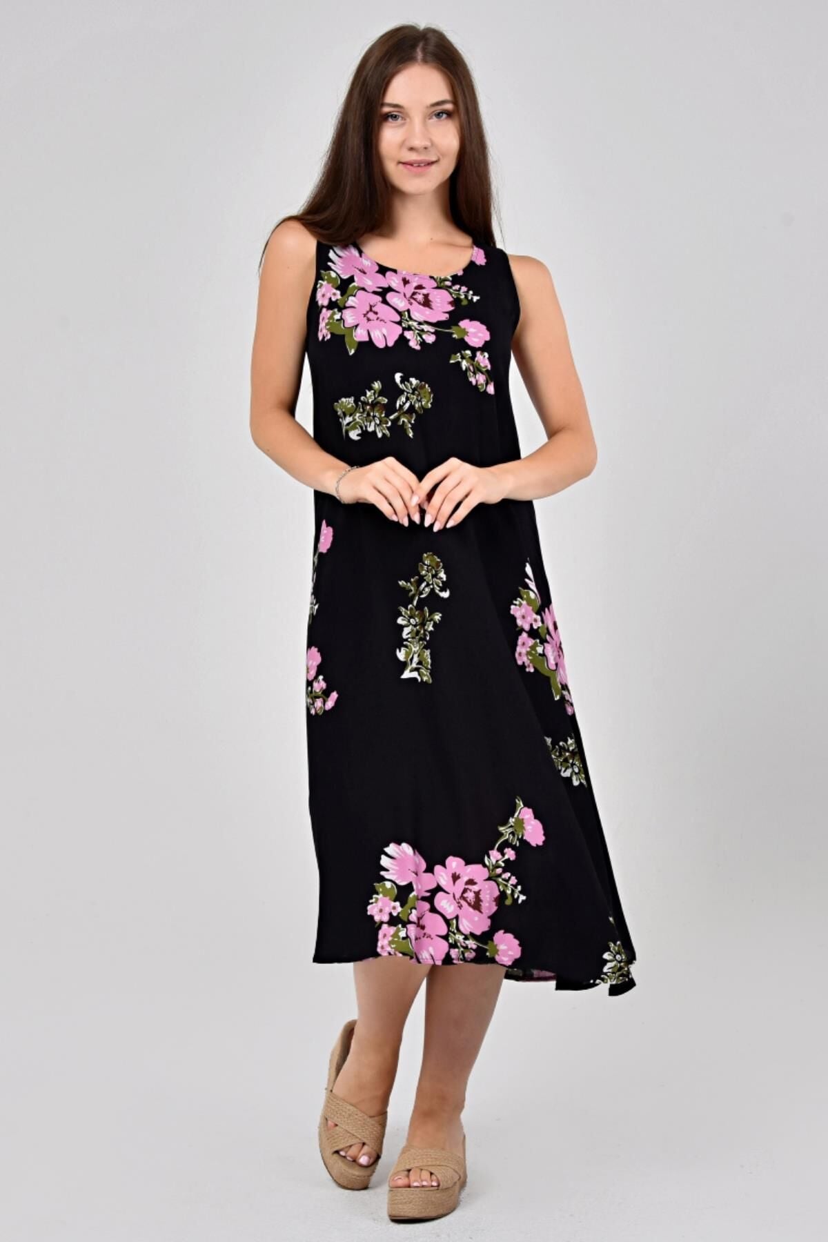 Likapa Yazlık Askılı Viskon Elbise 2691 Siyah Pembe - 2XL