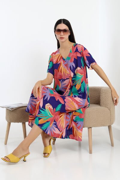 Likapa Yazlık Büyük Beden Viskon  V Yaka Kısa Kol Elbise 2688 PEMBE ÇİÇEK - 2XL