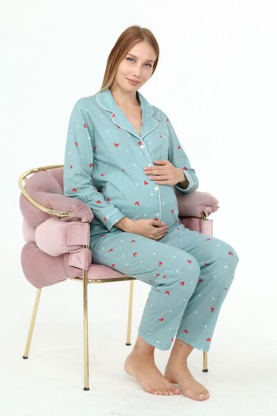 Likapa Penye Önden Düğmeli Hamile Lohusa UZUN KOL PİJAMA TAKIMI Mint Bordo KALP - M