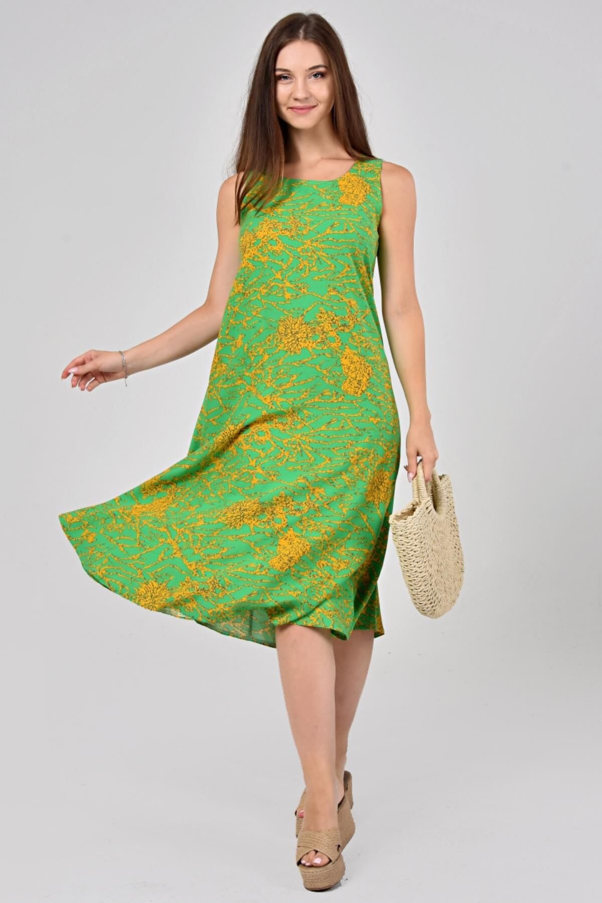 Likapa Yazlık Askılı Viskon Elbise 2691 Yeşil Sarmaşık - XL