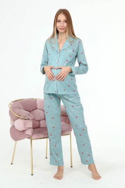 Likapa Penye Önden Düğmeli Hamile Lohusa UZUN KOL PİJAMA TAKIMI Mint Bordo KALP - L