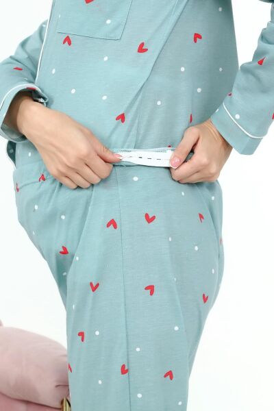 Likapa Penye Önden Düğmeli Hamile Lohusa UZUN KOL PİJAMA TAKIMI Mint Bordo KALP - L