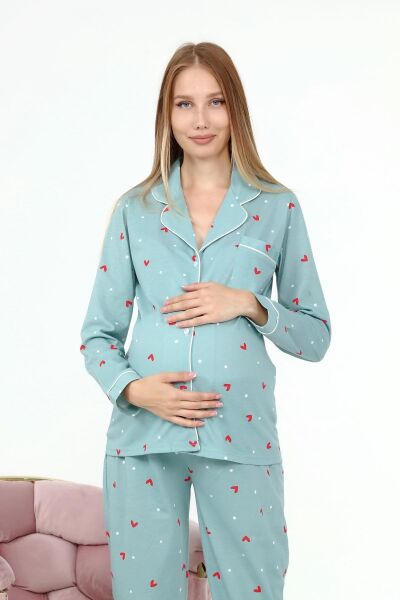 Likapa Penye Önden Düğmeli Hamile Lohusa UZUN KOL PİJAMA TAKIMI Mint Bordo KALP - XL