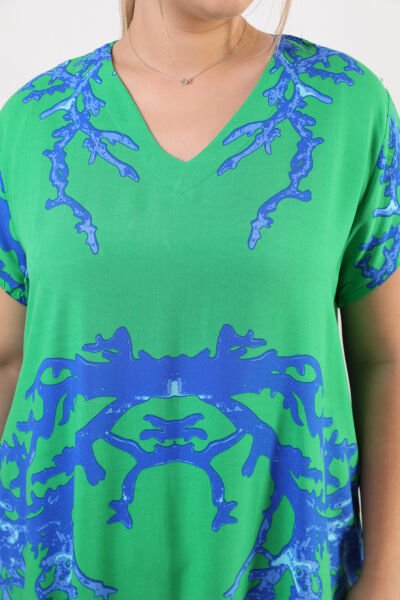 Likapa Yazlık Büyük Beden Viskon  V Yaka Kısa Kol Elbise 2688 Yeşil  - M