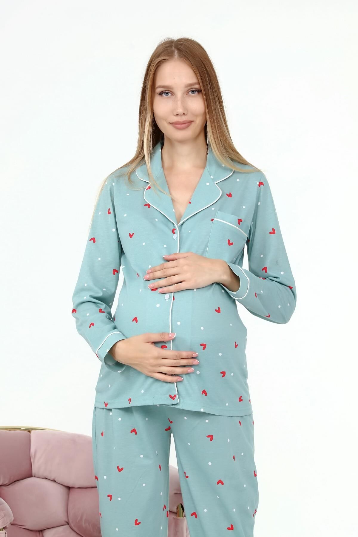 Likapa Penye Önden Düğmeli Hamile Lohusa UZUN KOL PİJAMA TAKIMI Mint Bordo KALP - 2XL
