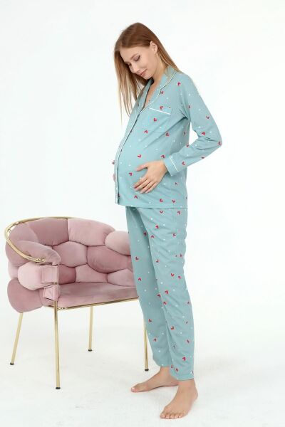 Likapa Penye Önden Düğmeli Hamile Lohusa UZUN KOL PİJAMA TAKIMI Mint Bordo KALP - 2XL