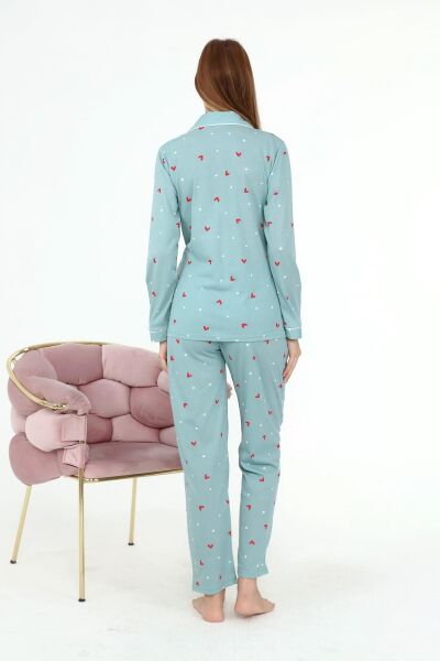 Likapa Penye Önden Düğmeli Hamile Lohusa UZUN KOL PİJAMA TAKIMI Mint Bordo KALP - 3XL