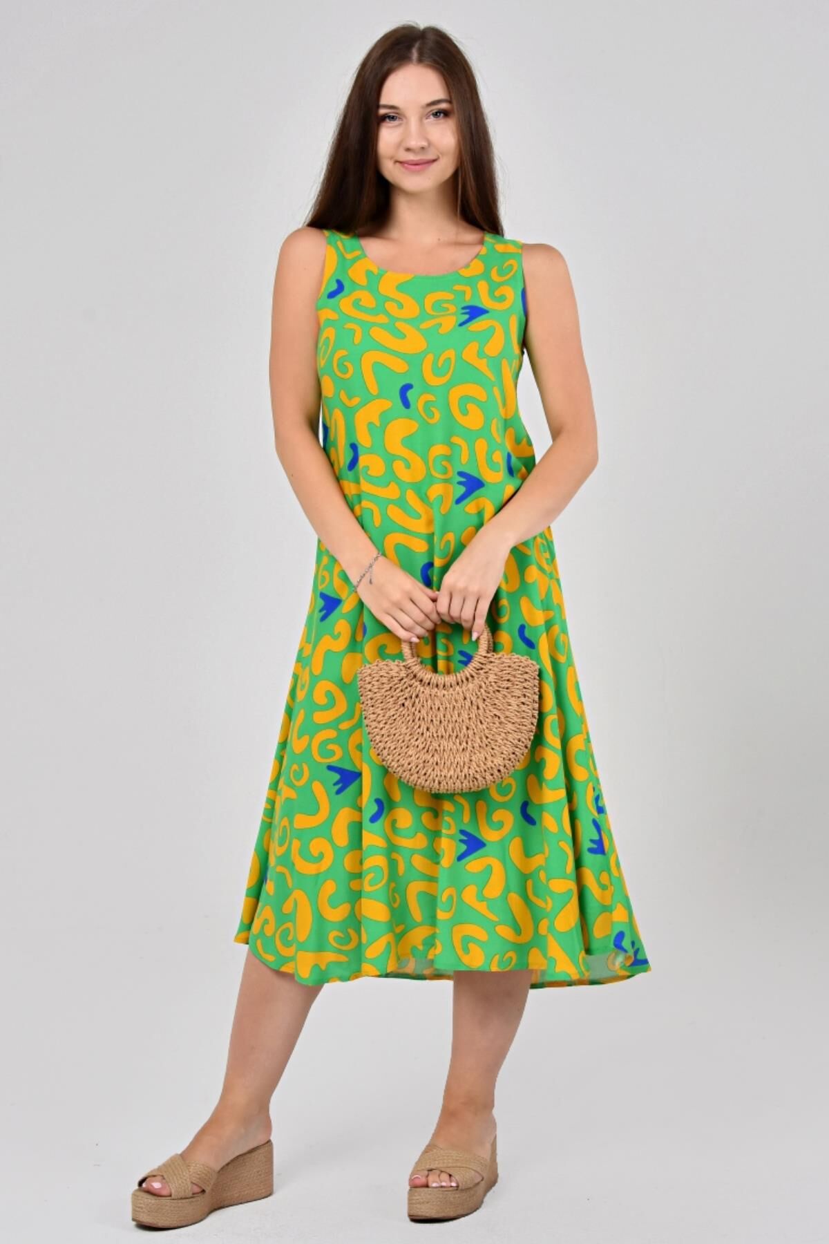 Likapa Yazlık Askılı Viskon Elbise 2691 Yeşil Leopar - XL