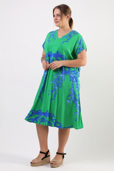 Likapa Yazlık Büyük Beden Viskon  V Yaka Kısa Kol Elbise 2688 Yeşil  - 2XL