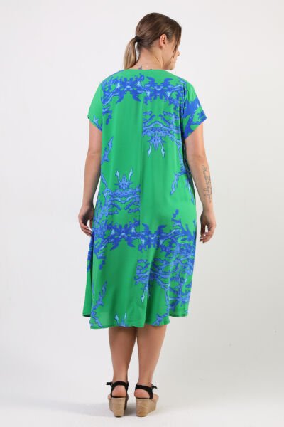 Likapa Yazlık Büyük Beden Viskon  V Yaka Kısa Kol Elbise 2688 Yeşil  - 2XL