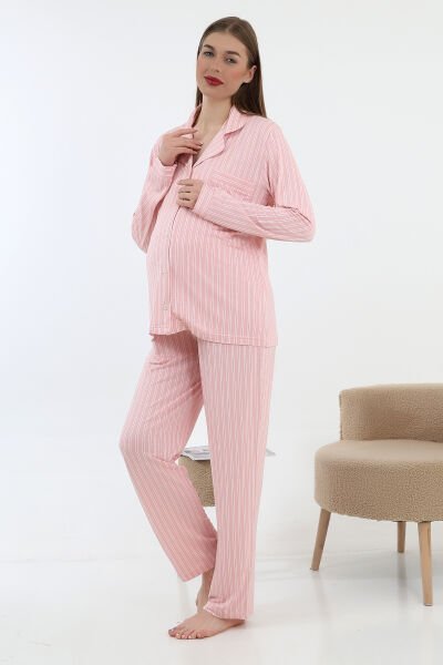 Likapa Önden Düğmeli Hamile Lohusa UZUN KOL PİJAMA TAKIMI PEMBE ÇİZGİLİ - L