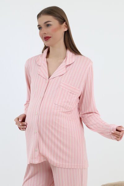 Likapa Önden Düğmeli Hamile Lohusa UZUN KOL PİJAMA TAKIMI PEMBE ÇİZGİLİ - 2XL