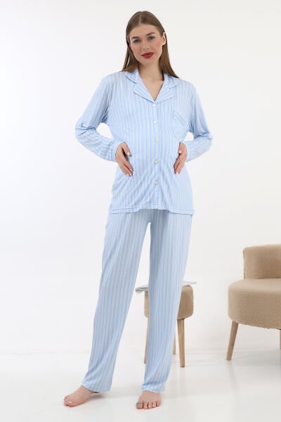 Likapa Önden Düğmeli Hamile Lohusa UZUN KOL PİJAMA TAKIMI Mavi Çizgili - L